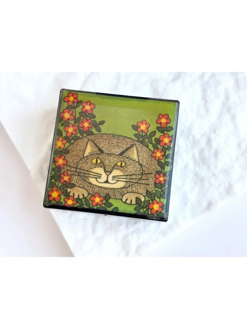 Orange Cat Floral Lacquered Square Wood Floral Vintage Trinket Box | Jewelry Box